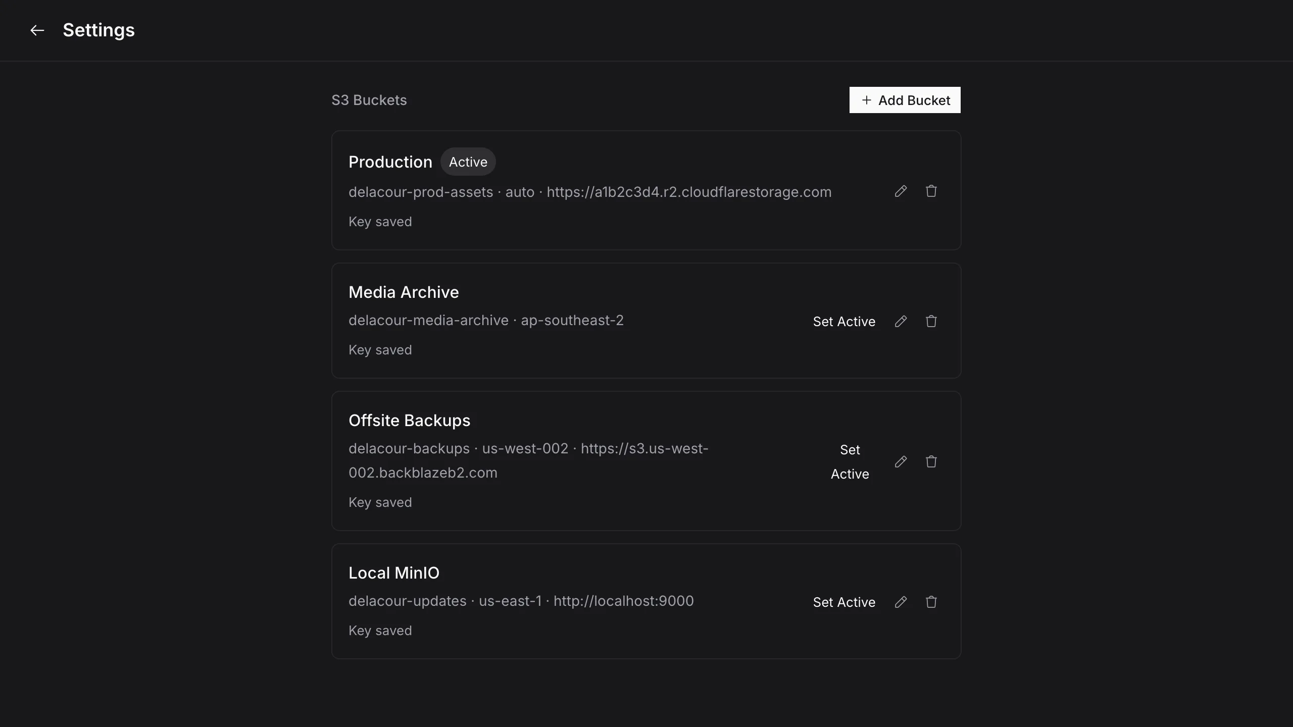 The Nimbus settings screen listing four saved buckets across different S3 providers