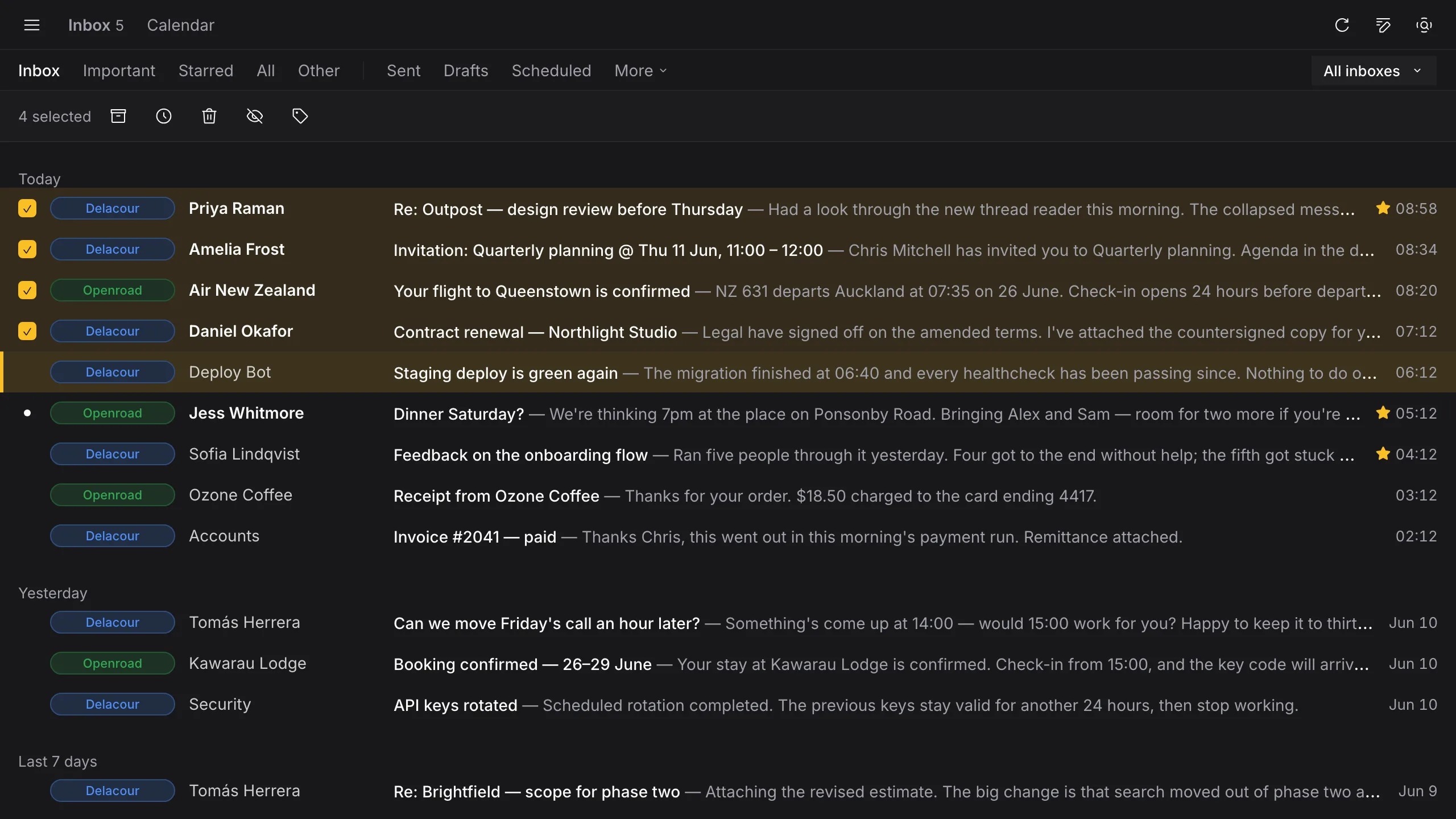 Outpost inbox with four conversations selected and the bulk action toolbar open