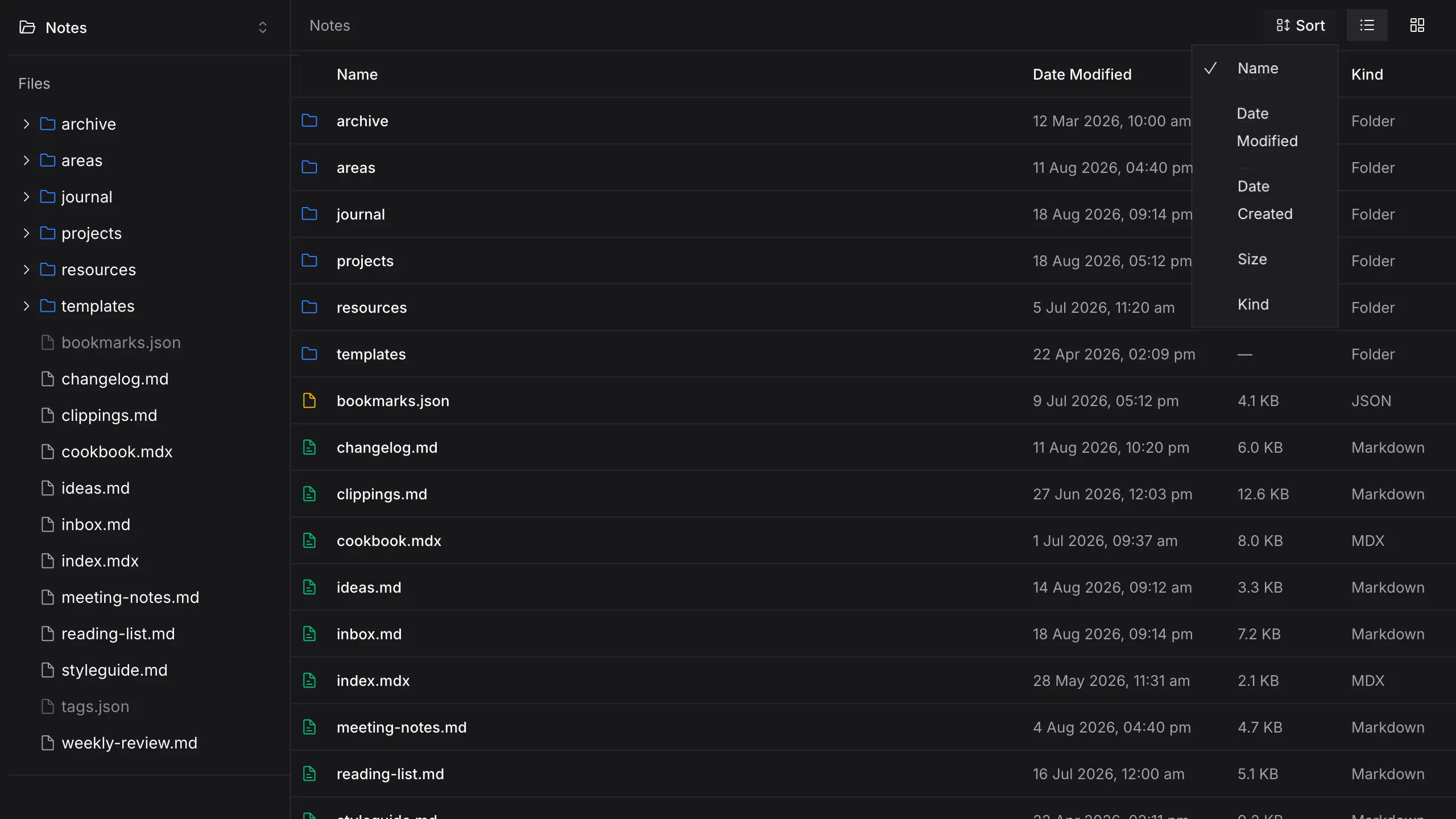 The Folio sort menu open over a file listing, showing five sort fields