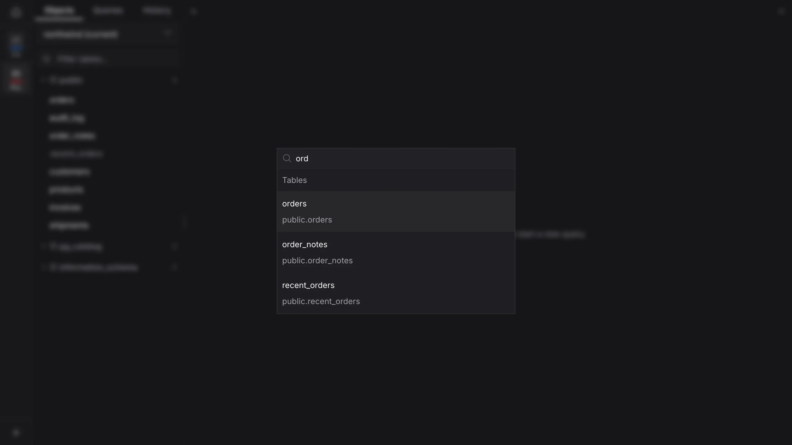 Quarry command palette filtered to orders, order_notes and recent_orders