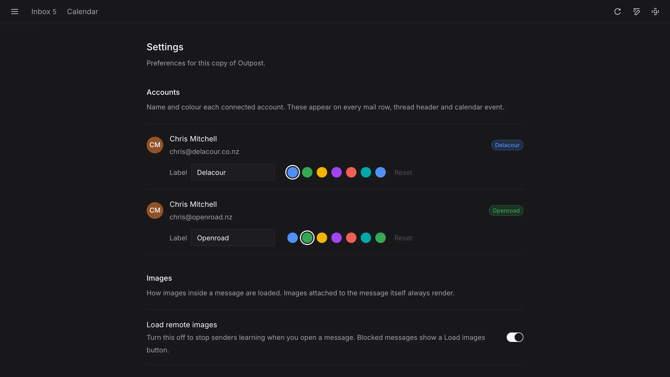 Outpost settings showing per-account labels, colour pickers and the remote image toggle