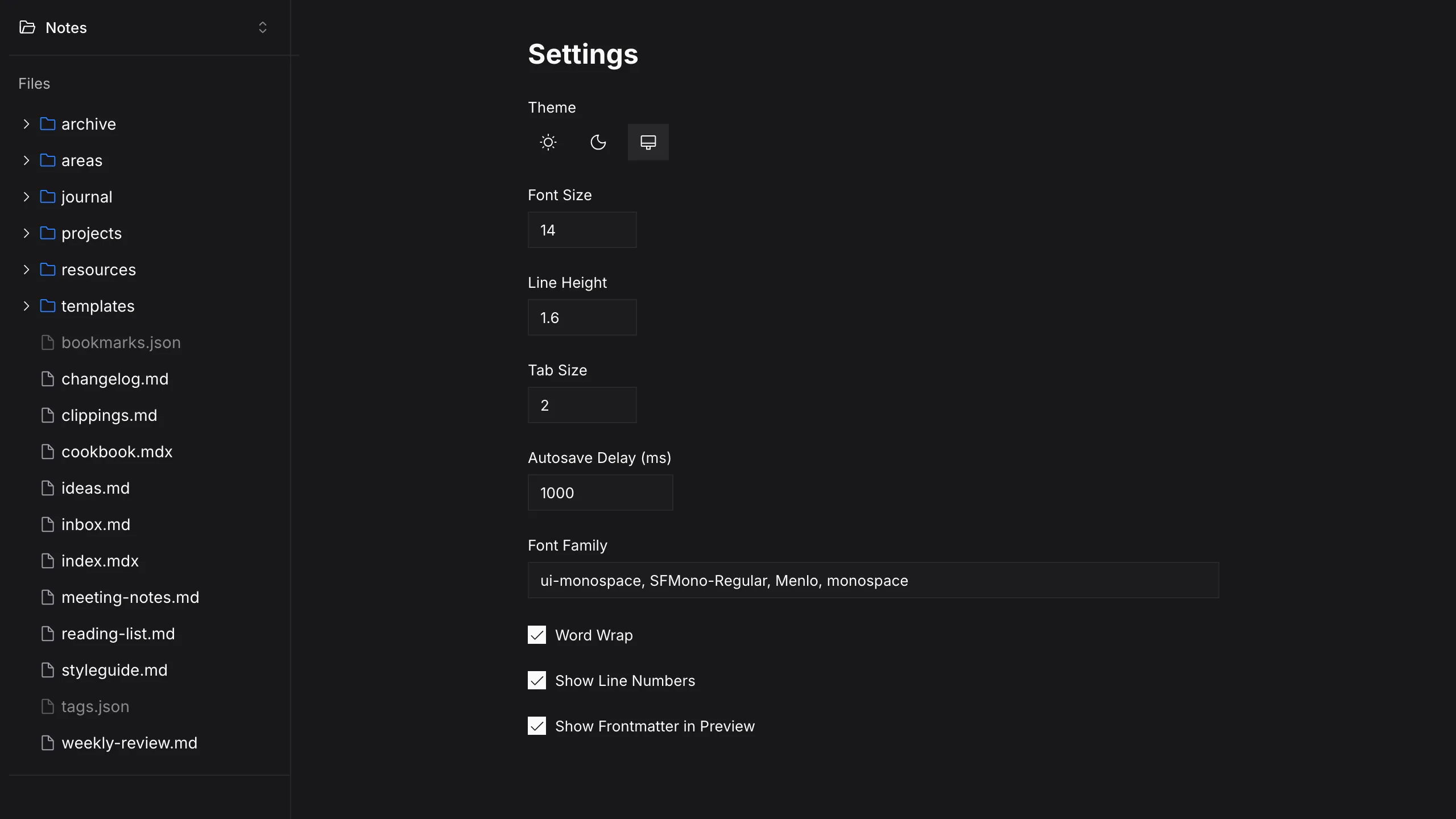 Folio settings showing theme, font size and editor toggles